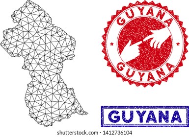 Network polygonal Guyana map and grunge seal stamps. Abstract lines and small circles form Guyana map vector model. Round red stamp with connecting hands.