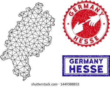 Network polygonal Hesse Land map and grunge seal stamps. Abstract lines and points form Hesse Land map vector model. Round red stamp with connecting hands.