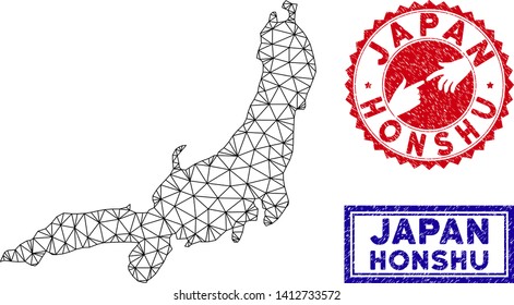 Network polygonal Honshu Island map and grunge seal stamps. Abstract lines and small circles form Honshu Island map vector model. Round red stamp with connecting hands.
