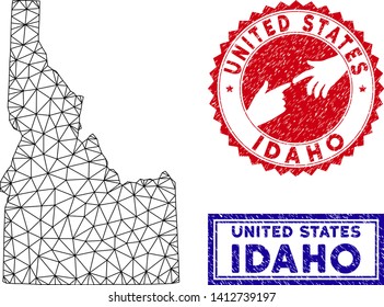 Network polygonal Idaho State map and grunge seal stamps. Abstract lines and spheric points form Idaho State map vector model. Round red stamp with connecting hands.