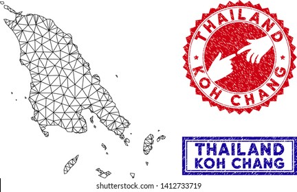 Network polygonal Koh Chang map and grunge seal stamps. Abstract lines and circle dots form Koh Chang map vector model. Round red stamp with connecting hands.