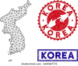 Network polygonal Korea map and grunge seal stamps. Abstract lines and small circles form Korea map vector model. Round red stamp with connecting hands.
