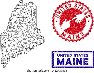 Network polygonal Maine State map and grunge seal stamps. Abstract lines and dots form Maine State map vector model. Round red stamp with connecting hands.
