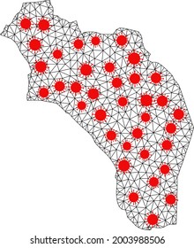 Network polygonal map of Argentina - La Rioja under lockdown. Vector model is created from map of Argentina - La Rioja with red infection elements. Lines and viruses form map of Argentina - La Rioja.