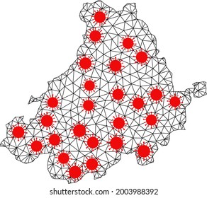 Network polygonal map of Avila Province under outbreak. Vector structure is created from map of Avila Province with red covid items. Lines and viruses form map of Avila Province.