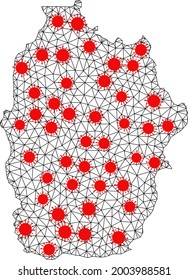 Network polygonal map of Azores - Flores Island under lockdown. Vector model is created from map of Azores - Flores Island with red infection elements.