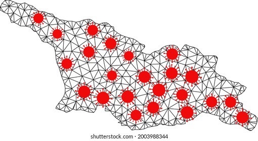 Network polygonal map of Georgia under infection. Vector model is created from map of Georgia with red coronavirus nodes. Lines and viruses are combined into map of Georgia.