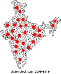 Mapa poligonal de red de India bajo infección. El modelo vectorial se crea a partir del mapa de India con centros de virus rojos. Las líneas y los virus forman un mapa de la India.