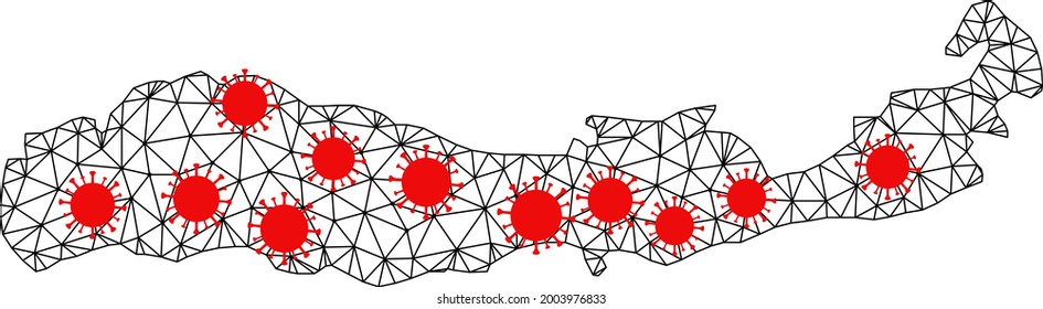 Network polygonal map of Indonesia - Flores Island under outbreak. Vector structure is created from map of Indonesia - Flores Island with red virus items.