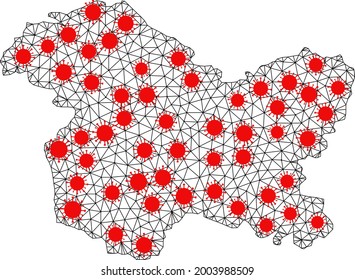 Network polygonal map of Jammu and Kashmir State under lockdown. Vector model is created from map of Jammu and Kashmir State with red infection items.