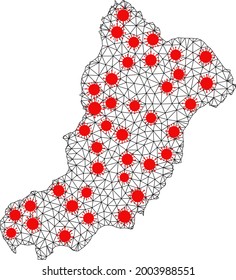Network polygonal map of La Graciosa Island under outbreak. Vector model is created from map of La Graciosa Island with red covid items. Lines and viruses are combined into map of La Graciosa Island.