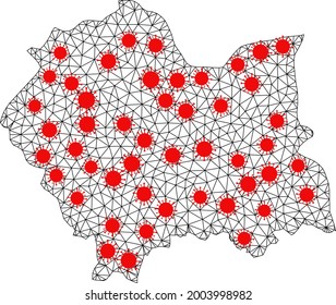 Network polygonal map of Lesser Poland Province under infection. Vector model is created from map of Lesser Poland Province with red coronavirus centers.