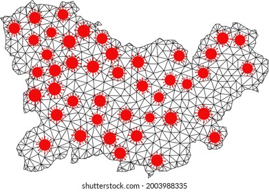 Network polygonal map of Ourense Province under infection. Vector structure is created from map of Ourense Province with red virus nodes. Lines and viruses form map of Ourense Province.