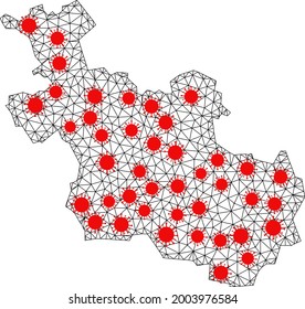 Mapa poligonal de red de la provincia de Overijssel bajo brote. La estructura vectorial se crea a partir del mapa de la provincia de Overijssel con nodos de infección roja. Líneas y virus forman un mapa de la provincia de Overijssel.
