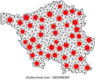 Network polygonal map of Saarland State under outbreak. Vector structure is created from map of Saarland State with red coronavirus nodes. Lines and viruses form map of Saarland State.