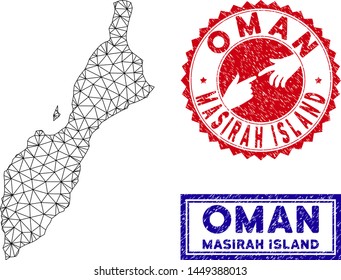 Network polygonal Masirah Island map and grunge seal stamps. Abstract lines and points form Masirah Island map vector model. Round red stamp with connecting hands.