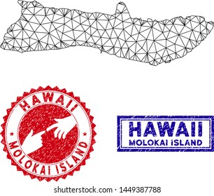 Network polygonal Molokai Island map and grunge seal stamps. Abstract lines and spheric points form Molokai Island map vector model. Round red stamp with connecting hands.