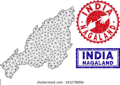 Network polygonal Nagaland State map and grunge seal stamps. Abstract lines and dots form Nagaland State map vector model. Round red stamp with connecting hands.