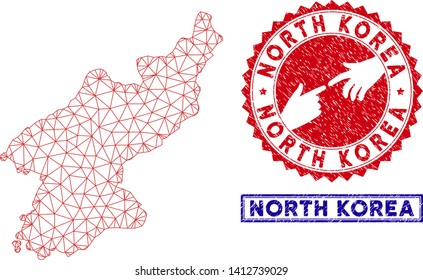 Network polygonal North Korea map and grunge seal stamps. Abstract lines and dots form North Korea map vector model. Round red stamp with connecting hands.