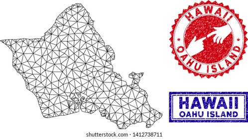 Network polygonal Oahu Island map and grunge seal stamps. Abstract lines and points form Oahu Island map vector model. Round red stamp with connecting hands.