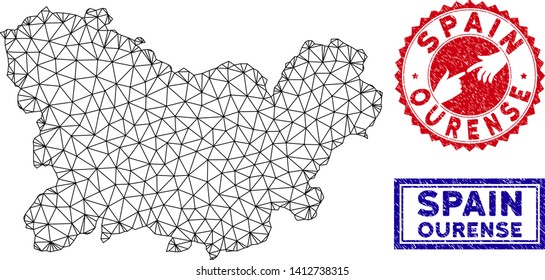 Network polygonal Ourense Province map and grunge seal stamps. Abstract lines and spheric points form Ourense Province map vector model. Round red stamp with connecting hands.