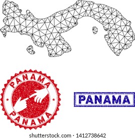Network polygonal Panama map and grunge seal stamps. Abstract lines and points form Panama map vector model. Round red stamp with connecting hands.