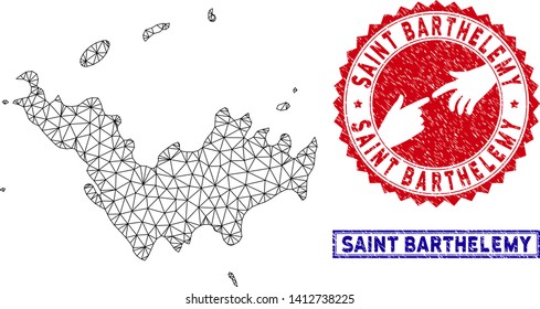 Network polygonal Saint Barthelemy map and grunge seal stamps. Abstract lines and small circles form Saint Barthelemy map vector model. Round red stamp with connecting hands.
