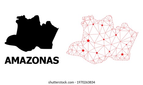 Network polygonal and solid map of Amazonas State. Vector structure is created from map of Amazonas State with red stars. Abstract lines and stars form map of Amazonas State.