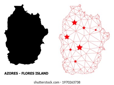 Network polygonal and solid map of Azores - Flores Island. Vector structure is created from map of Azores - Flores Island with red stars.