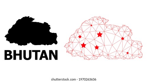 Network polygonal and solid map of Bhutan. Vector model is created from map of Bhutan with red stars. Abstract lines and stars form map of Bhutan. Linear frame 2D polygonal network in vector format.