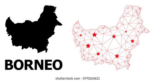 Network polygonal and solid map of Borneo Island. Vector structure is created from map of Borneo Island with red stars. Abstract lines and stars are combined into map of Borneo Island.