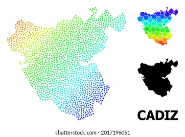 Network polygonal and solid map of Cadiz Province. Vector structure is created from map of Cadiz Province with red stars. Abstract lines and stars are combined into map of Cadiz Province.