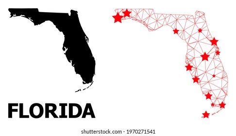 Network polygonal and solid map of Florida State. Vector structure is created from map of Florida State with red stars. Abstract lines and stars form map of Florida State.