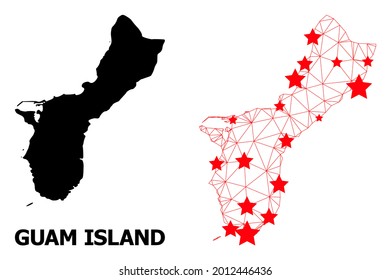 Network polygonal and solid map of Guam Island. Vector model is created from map of Guam Island with red stars. Abstract lines and stars are combined into map of Guam Island.