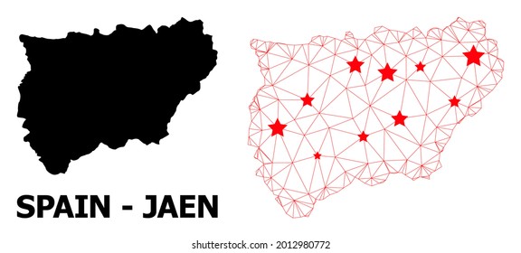 Network polygonal and solid map of Jaen Spanish Province. Vector model is created from map of Jaen Spanish Province with red stars.