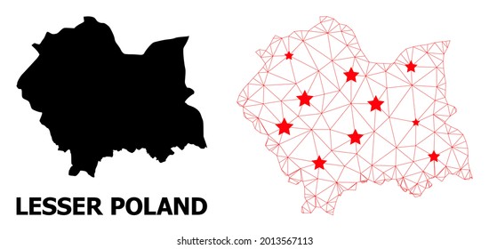 Network polygonal and solid map of Lesser Poland Province. Vector structure is created from map of Lesser Poland Province with red stars. Abstract lines and stars form map of Lesser Poland Province.