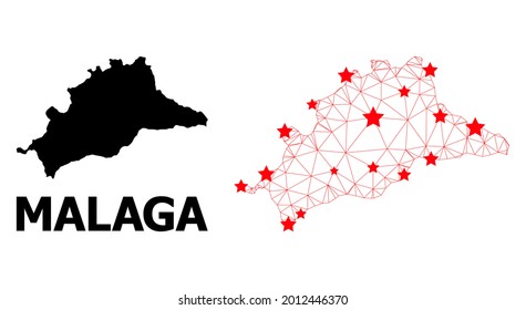 Network polygonal and solid map of Malaga Province. Vector model is created from map of Malaga Province with red stars. Abstract lines and stars are combined into map of Malaga Province.