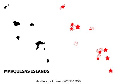 Network polygonal and solid map of Marquesas Islands. Vector model is created from map of Marquesas Islands with red stars. Abstract lines and stars form map of Marquesas Islands.