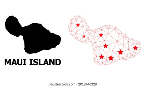 Network polygonal and solid map of Maui Island. Vector model is created from map of Maui Island with red stars. Abstract lines and stars are combined into map of Maui Island.