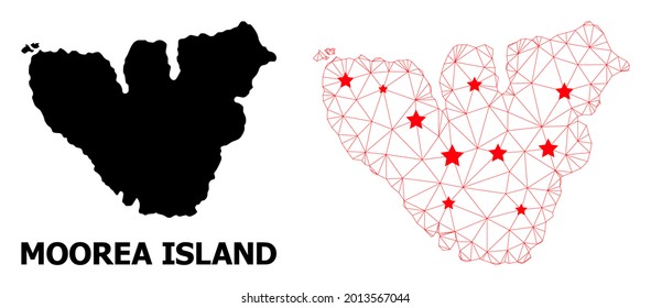 Network polygonal and solid map of Moorea Island. Vector model is created from map of Moorea Island with red stars. Abstract lines and stars are combined into map of Moorea Island.