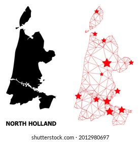 Network polygonal and solid map of North Holland. Vector structure is created from map of North Holland with red stars. Abstract lines and stars are combined into map of North Holland.