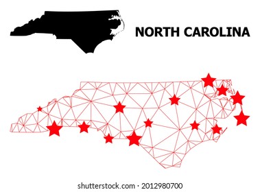 Network polygonal and solid map of North Carolina State. Vector structure is created from map of North Carolina State with red stars. Abstract lines and stars form map of North Carolina State.