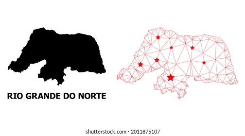 Netzwerk polygonal und solide Karte von Rio Grande do Norte Staat. Das Vektormodell wird aus der Karte des Rio Grande do Norte Staat mit roten Sternen erstellt.