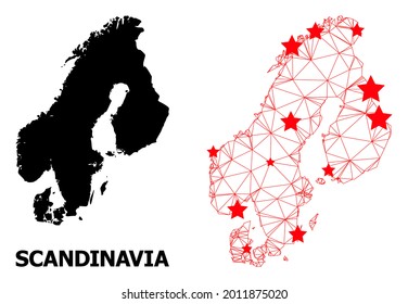 Network polygonal and solid map of Scandinavia. Vector structure is created from map of Scandinavia with red stars. Abstract lines and stars are combined into map of Scandinavia.