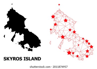 Network polygonal and solid map of Skyros Island. Vector structure is created from map of Skyros Island with red stars. Abstract lines and stars are combined into map of Skyros Island.