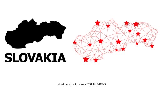 Network polygonal and solid map of Slovakia. Vector model is created from map of Slovakia with red stars. Abstract lines and stars form map of Slovakia.