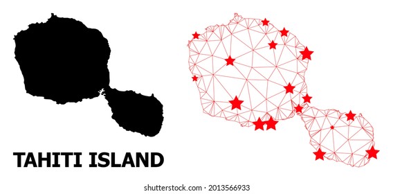 Network polygonal and solid map of Tahiti Island. Vector model is created from map of Tahiti Island with red stars. Abstract lines and stars form map of Tahiti Island.