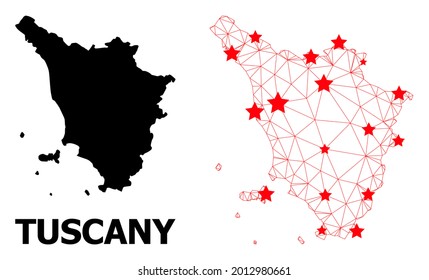Network polygonal and solid map of Tuscany region. Vector model is created from map of Tuscany region with red stars. Abstract lines and stars form map of Tuscany region.