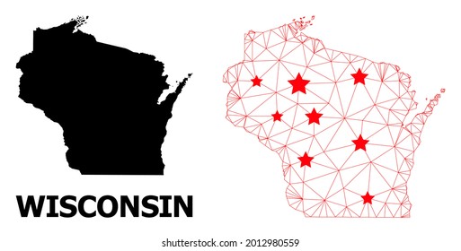 Network polygonal and solid map of Wisconsin State. Vector structure is created from map of Wisconsin State with red stars. Abstract lines and stars form map of Wisconsin State.