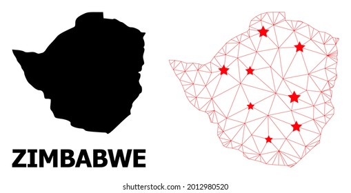 Network polygonal and solid map of Zimbabwe. Vector structure is created from map of Zimbabwe with red stars. Abstract lines and stars are combined into map of Zimbabwe.